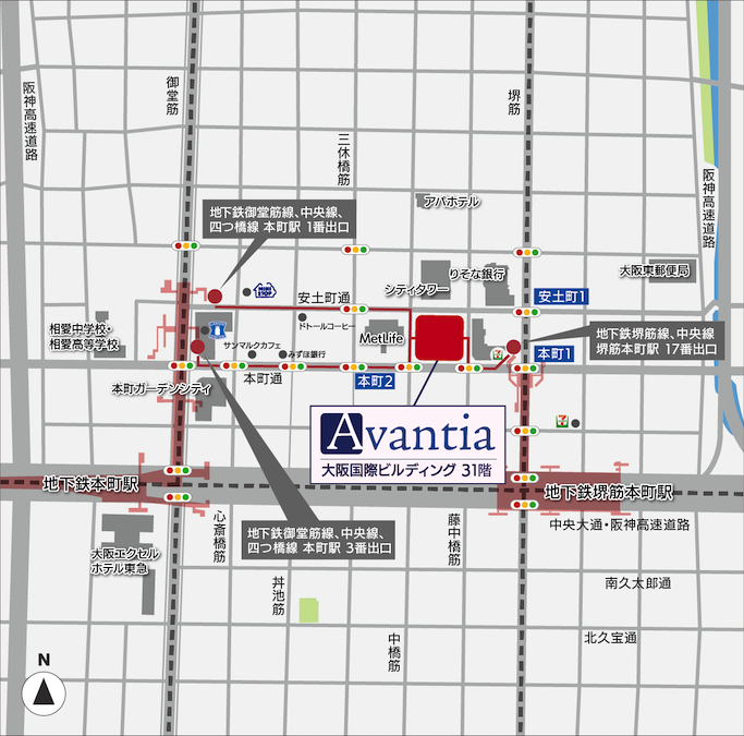 アヴァンティア大阪オフィスへの地図