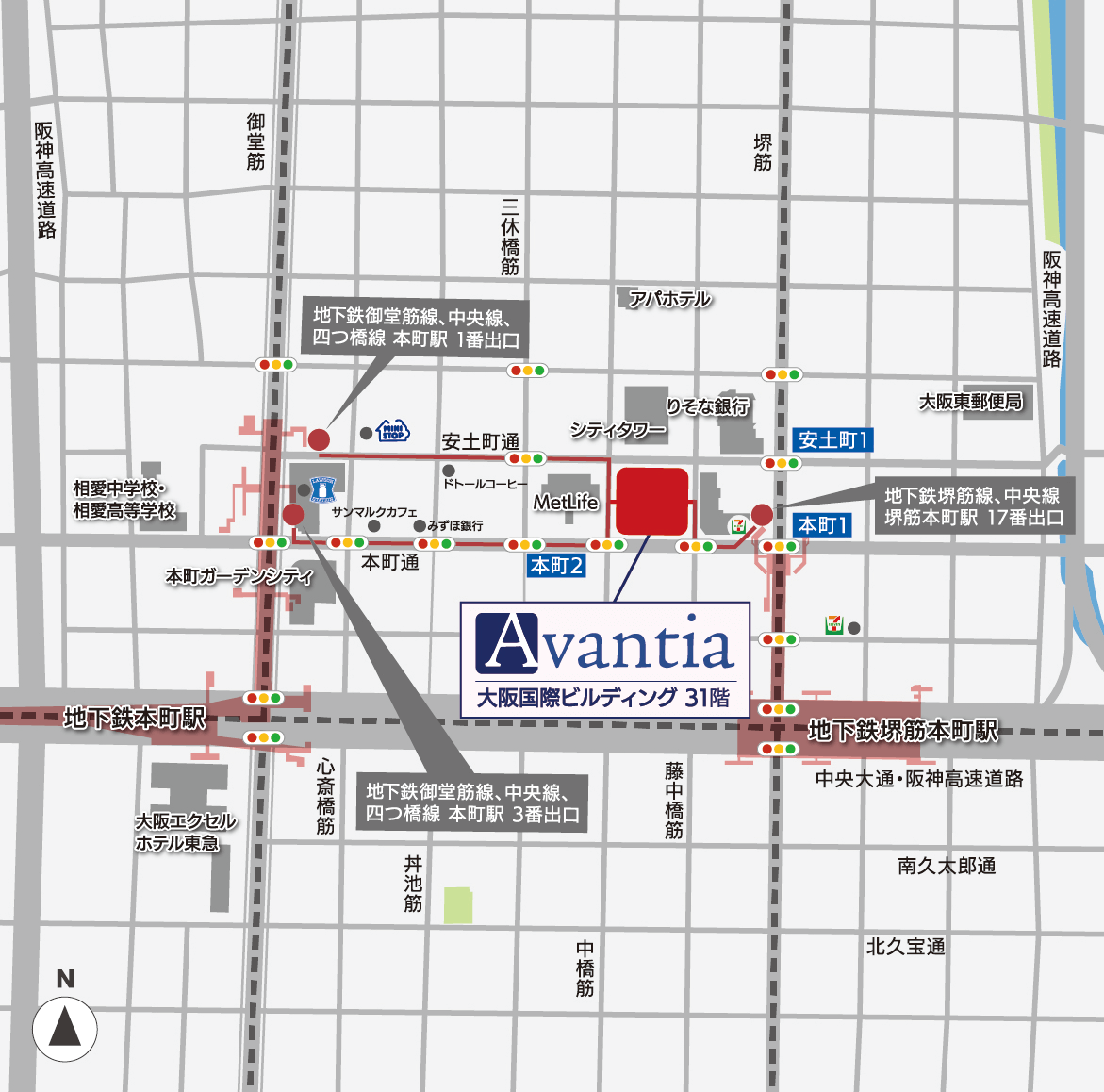 アヴァンティア大阪オフィスへの地図